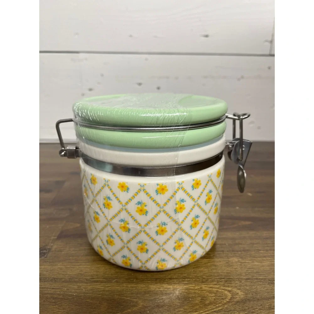 The Pioneer Woman Floral Trellis Stoneware‎ Canister with Scoop Mint Green Lid